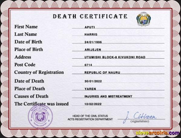 Nauru vital record death certificate